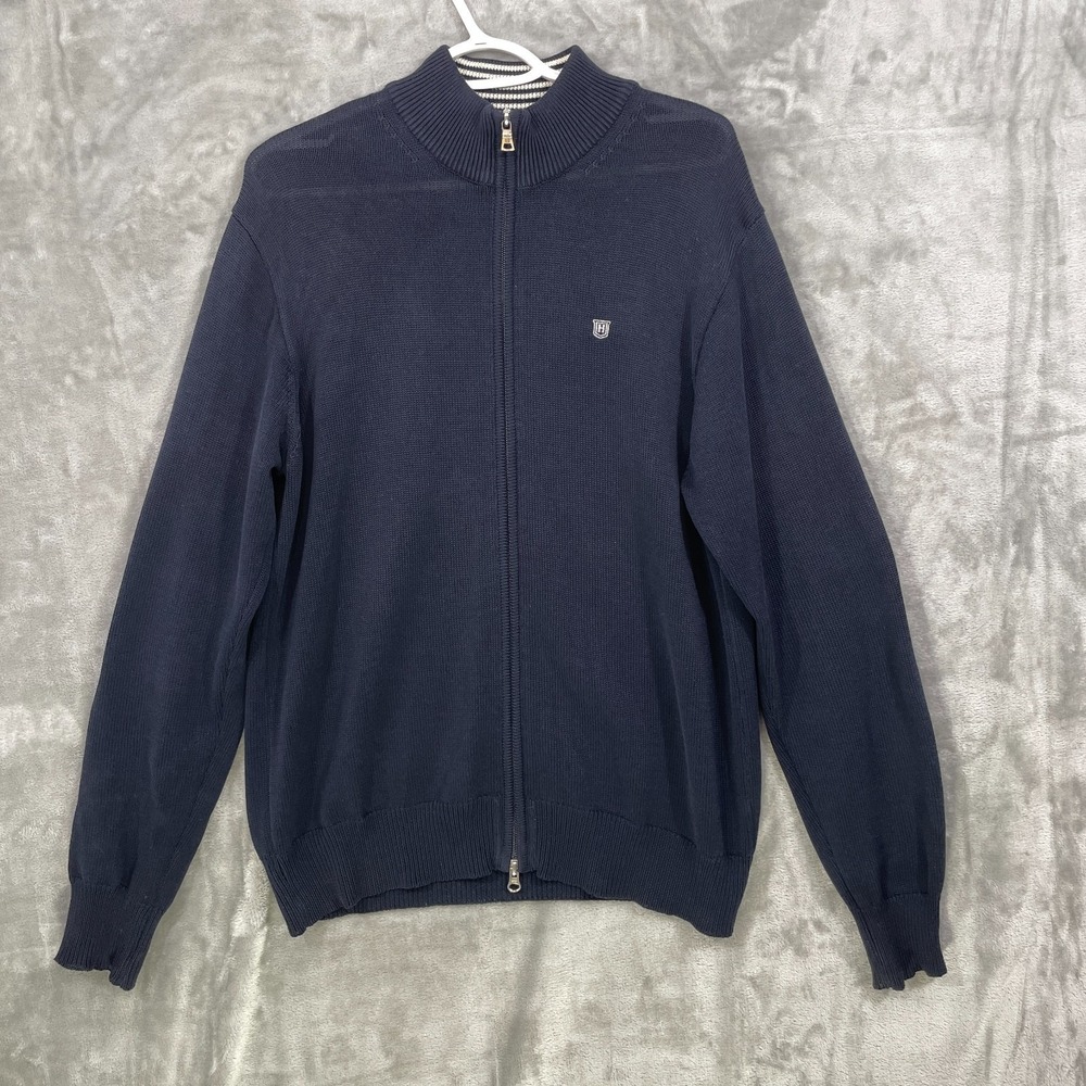 Hackett London Full Zip Cardigan All Cotton Knit Navy Men's Size L Made in Italy